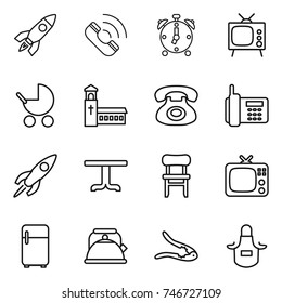 thin line icon set : rocket, call, alarm clock, tv, baby stroller, church, phone, table, chair, fridge, kettle, walnut crack, apron