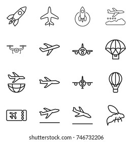 thin line icon set : rocket, plane, weather management, drone, parachute delivery, shipping, air ballon, ticket, departure, arrival, wasp