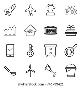 thin line icon set : rocket, plane, chess horse, bio, graph up, wireless home, airport building, fountain, mobile checking, thermometer, nightstand, pan, ladle, windmill, blower, foam bucket