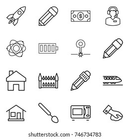 thin line icon set : rocket, pencil, money, call center, atom, battery, laser, home, gothic architecture, train, big spoon, microwave oven, wiping