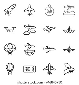 thin line icon set : rocket, plane, weather management, drone, journey, parachute delivery, shipping, air ballon, ticket, airplane, wasp