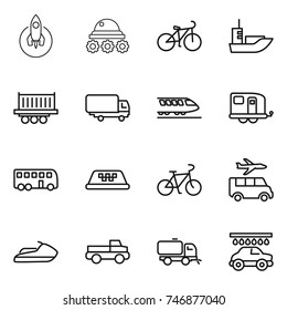 thin line icon set : rocket, lunar rover, bike, sea shipping, truck, train, trailer, bus, taxi, transfer, jet ski, pickup, sweeper, car wash