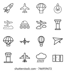 thin line icon set : rocket, plane, parachute, weather management, lunar rover, journey, airport tower, delivery, air ballon, deltaplane, airplane, rain cloud, clean window