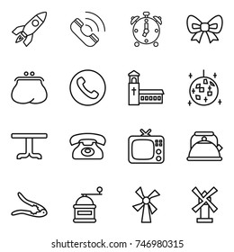 thin line icon set : rocket, call, alarm clock, bow, purse, phone, church, disco ball, table, tv, kettle, walnut crack, hand mill, windmill