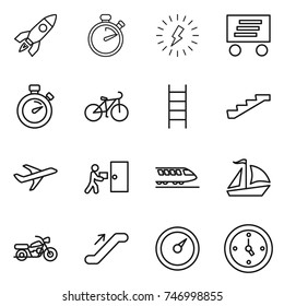 thin line icon set : rocket, stopwatch, lightning, delivery, bike, stairs, plane, courier, train, sail boat, motorcycle, escalator, barometer, watch
