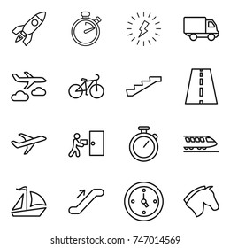 thin line icon set : rocket, stopwatch, lightning, delivery, journey, bike, stairs, road, plane, courier, train, sail boat, escalator, watch, horse