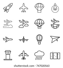 thin line icon set : rocket, plane, parachute, weather management, journey, delivery, shipping, air ballon, deltaplane, airport tower, airplane, rain cloud, clean window