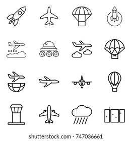 thin line icon set : rocket, plane, parachute, weather management, lunar rover, journey, delivery, shipping, air ballon, airport tower, airplane, rain cloud, clean window