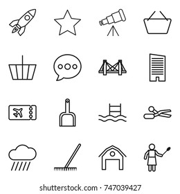 thin line icon set : rocket, star, telescope, basket, balloon, bridge, skyscraper, ticket, scoop, pool, scissors, rain cloud, rake, barn, woman with duster