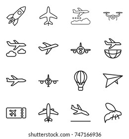 thin line icon set : rocket, plane, weather management, drone, journey, shipping, air ballon, deltaplane, ticket, airplane, arrival, wasp