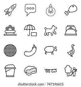 thin line icon set : rocket, message, chicken leg, flower bed, insurance, dog, kettle, sieve, eggplant, sheep, goose, foam bucket, sponge with, drying clothe, garden cleaning