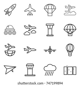 thin line icon set : rocket, plane, parachute, weather management, lunar rover, journey, airport tower, delivery, shipping, air ballon, deltaplane, rain cloud, clean window