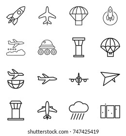 thin line icon set : rocket, plane, parachute, weather management, lunar rover, airport tower, delivery, shipping, deltaplane, airplane, rain cloud, clean window