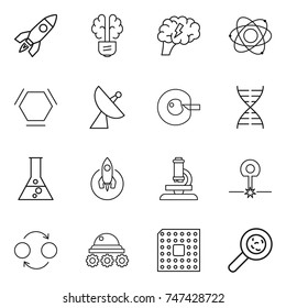 thin line icon set : rocket, bulb brain, atom, hex molecule, satellite antenna, cell corection, dna, flask, microscope, laser, quantum bond, lunar rover, cpu, viruses