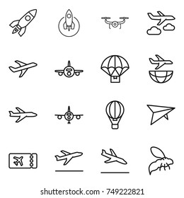 thin line icon set : rocket, drone, journey, plane, parachute delivery, shipping, air ballon, deltaplane, ticket, departure, arrival, wasp