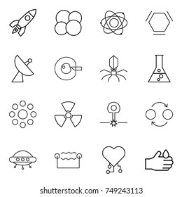 thin line icon set : rocket, atom core, hex molecule, satellite antenna, cell corection, virus, flask, round around, nuclear, laser, quantum bond, ufo, electrostatic, cardio chip, acid