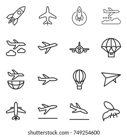 thin line icon set : rocket, plane, weather management, journey, parachute delivery, shipping, air ballon, deltaplane, airplane, departure, arrival, wasp