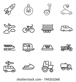 thin line icon set : rocket, segway, electric car, journey, bike, truck shipping, train, trailer, taxi, motorcycle, transfer, jet ski, tractor, sweeper