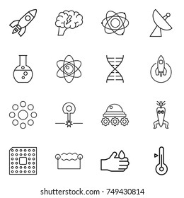 thin line icon set : rocket, brain, atom, satellite antenna, round flask, dna, around, laser, lunar rover, modify, cpu, electrostatic, acid, thermometer