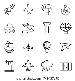thin line icon set : rocket, plane, parachute, lunar rover, journey, airport tower, delivery, shipping, air ballon, deltaplane, airplane, rain cloud, clean window