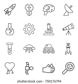 thin line icon set : rocket, bulb brain, satellite antenna, round flask, around, microscope, telescope, vial, ufo, lunar rover, dna modify, cardio chip, acid, viruses