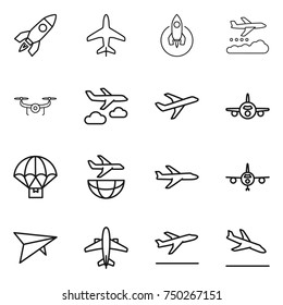 thin line icon set : rocket, plane, weather management, drone, journey, parachute delivery, shipping, deltaplane, airplane, departure, arrival