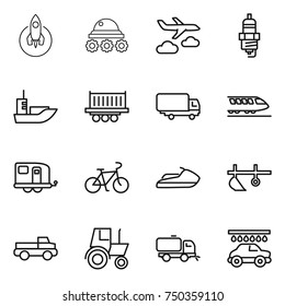 thin line icon set : rocket, lunar rover, journey, spark plug, sea shipping, truck, train, trailer, bike, jet ski, plow, pickup, tractor, sweeper, car wash