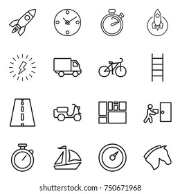 thin line icon set : rocket, clock, stopwatch, lightning, delivery, bike, stairs, road, scooter shipping, consolidated cargo, courier, sail boat, barometer, horse