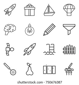 thin line icon set : rocket, gift, boat, parachute, brain, pencil, funnel, satellite, pool, fence, skimmer, pear, clean window, vacuum cleaner