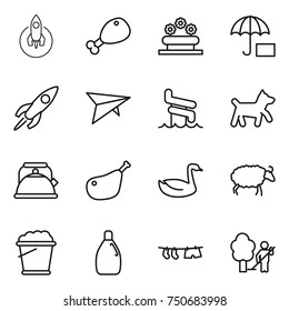 thin line icon set : rocket, chicken leg, flower bed, insurance, deltaplane, aquapark, dog, kettle, goose, sheep, foam bucket, cleanser, drying clothe, garden cleaning