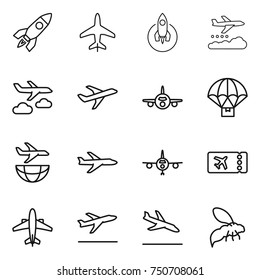 thin line icon set : rocket, plane, weather management, journey, parachute delivery, shipping, ticket, airplane, departure, arrival, wasp