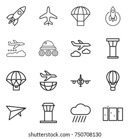 thin line icon set : rocket, plane, parachute, weather management, lunar rover, journey, airport tower, delivery, shipping, air ballon, deltaplane, rain cloud, clean window