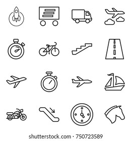 thin line icon set : rocket, delivery, journey, stopwatch, bike, stairs, road, plane, sail boat, motorcycle, escalator, watch, horse