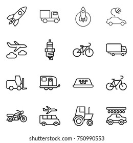 thin line icon set : rocket, truck, electric car, journey, spark plug, bike, shipping, fork loader, trailer, taxi, motorcycle, transfer, tractor, wash