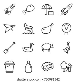 thin line icon set : rocket, chicken leg, insurance, deltaplane, aquapark, sheep, shovel, goose, foam bucket, cleanser, sponge with, garden cleaning