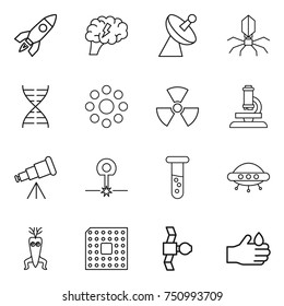 thin line icon set : rocket, brain, satellite antenna, virus, dna, round around, nuclear, microscope, telescope, laser, vial, ufo, modify, cpu, acid