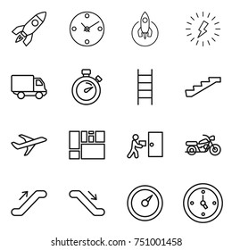thin line icon set : rocket, clock, lightning, delivery, stopwatch, stairs, plane, consolidated cargo, courier, motorcycle, escalator, barometer, watch