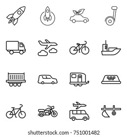 thin line icon set : rocket, eco car, segway, delivery, journey, bike, sea shipping, truck, trailer, taxi, motorcycle, transfer, plow