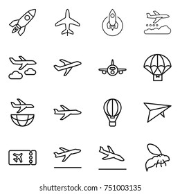 thin line icon set : rocket, plane, weather management, journey, parachute delivery, shipping, air ballon, deltaplane, ticket, departure, arrival, wasp
