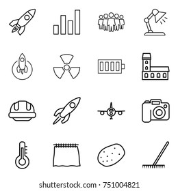 thin line icon set : rocket, graph, team, table lamp, nuclear, battery, mansion, building helmet, plane, camera, thermometer, curtain, potato, rake