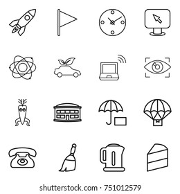 thin line icon set : rocket, flag, clock, monitor arrow, atom, eco car, notebook wireless, eye identity, dna modify, airport building, insurance, parachute delivery, phone, broom, kettle, cake