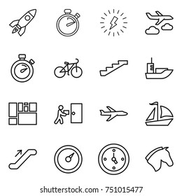 thin line icon set : rocket, stopwatch, lightning, journey, bike, stairs, sea shipping, consolidated cargo, courier delivery, plane, sail boat, escalator, barometer, watch, horse