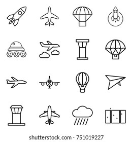 thin line icon set : rocket, plane, parachute, lunar rover, journey, airport tower, delivery, air ballon, deltaplane, airplane, rain cloud, clean window