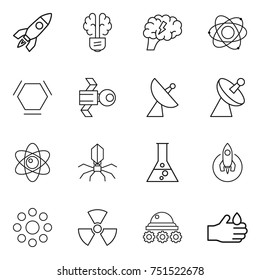 thin line icon set : rocket, bulb brain, atom, hex molecule, satellite, antenna, virus, flask, round around, nuclear, lunar rover, acid