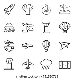 thin line icon set : rocket, parachute, weather management, lunar rover, journey, airport tower, delivery, plane shipping, air ballon, deltaplane, airplane, rain cloud, clean window