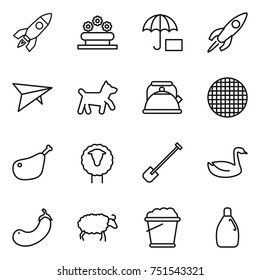 thin line icon set : rocket, flower bed, insurance, deltaplane, dog, kettle, sieve, chicken leg, sheep, shovel, goose, eggplant, foam bucket, cleanser