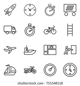 thin line icon set : rocket, clock, stopwatch, delivery, bike, stairs, plane, sea shipping, consolidated cargo, courier, sail boat, motorcycle, barometer, watch