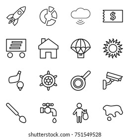thin line icon set : rocket, circle diagram, cloud wireless, receipt, delivery, home, parachute, sun, golf, handwheel, pan, surveillance camera, big spoon, water tap, trash, spot