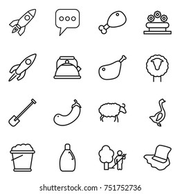 thin line icon set : rocket, message, chicken leg, flower bed, kettle, sheep, shovel, eggplant, goose, foam bucket, cleanser, garden cleaning, floor washing