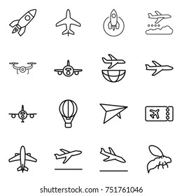 thin line icon set : rocket, plane, weather management, drone, shipping, air ballon, deltaplane, ticket, airplane, departure, arrival, wasp